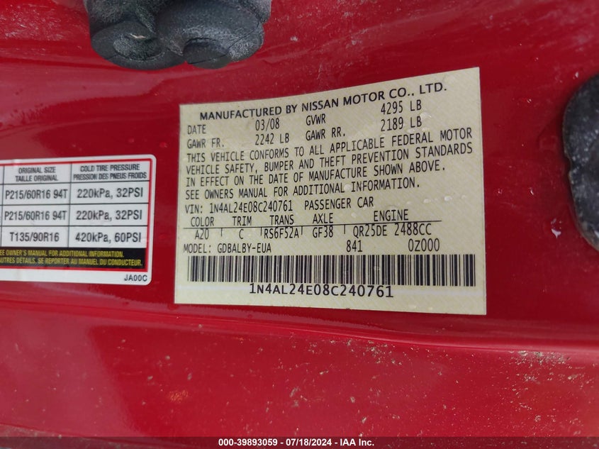 2008 Nissan Altima 2.5 S VIN: 1N4AL24E08C240761 Lot: 39893059