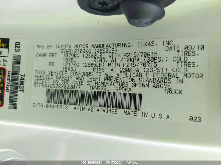 2011 Toyota Tacoma VIN: 5TFNX4CN7BX002077 Lot: 39893064