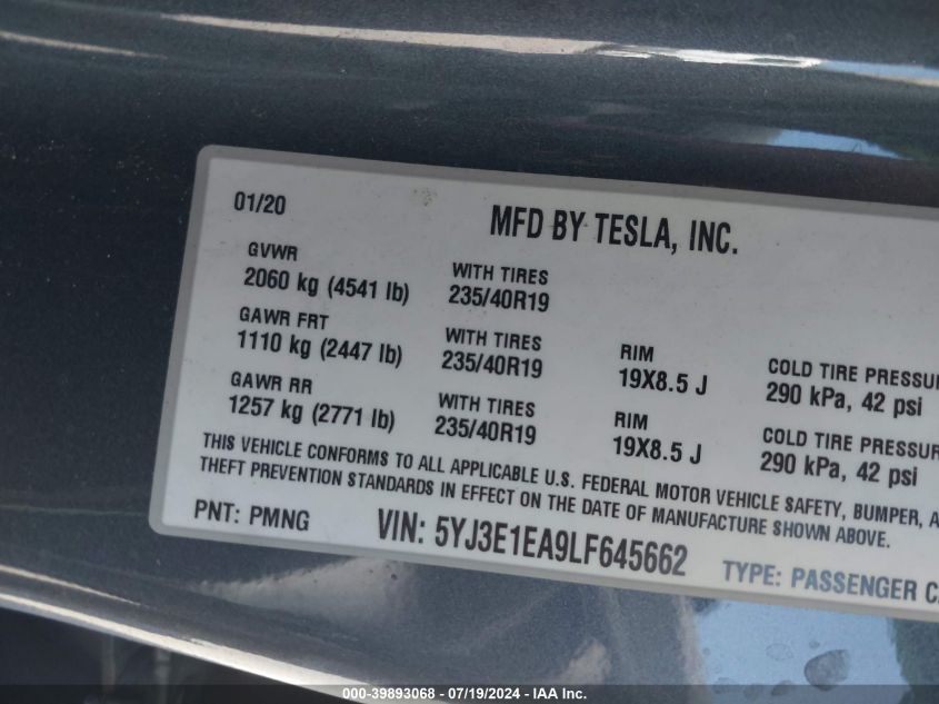 2020 Tesla Model 3 Standard Range Plus Rear-Wheel Drive/Standard Range Rear-Wheel Drive VIN: 5YJ3E1EA9LF645662 Lot: 39893068