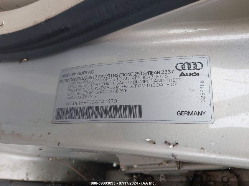 WAULT68E13A141470 | 2003 AUDI A4