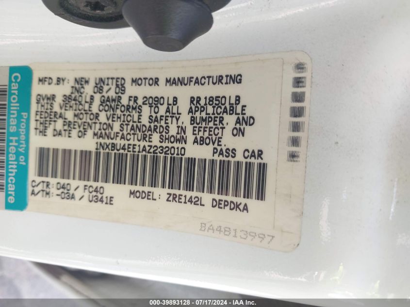 2010 Toyota Corolla Le VIN: 1NXBU4EE1AZ232010 Lot: 39893128