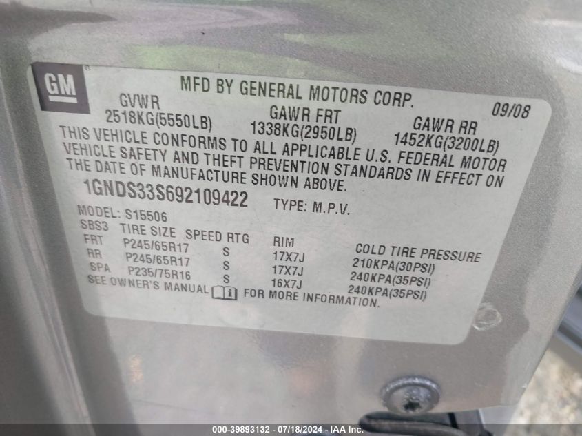 2009 Chevrolet Trailblazer Lt VIN: 1GNDS33S692109422 Lot: 39893132