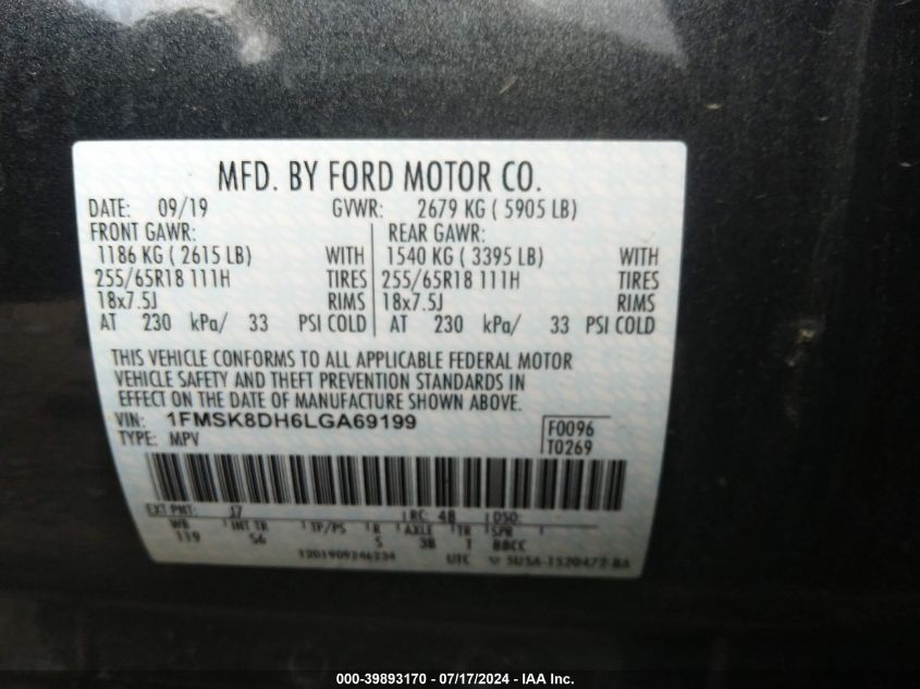 2020 Ford Explorer Xlt VIN: 1FMSK8DH6LGA69199 Lot: 39893170