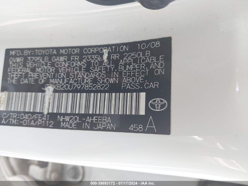 2009 Toyota Prius VIN: JTDKB20U797852822 Lot: 39893172