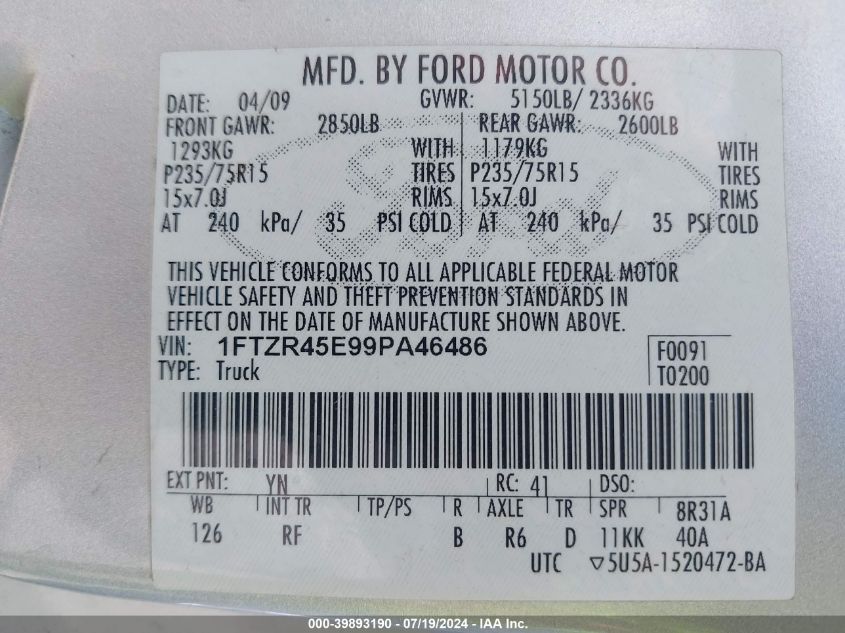 2009 Ford Ranger Fx4 Off-Road/Sport/Xlt VIN: 1FTZR45E99PA46486 Lot: 39893190