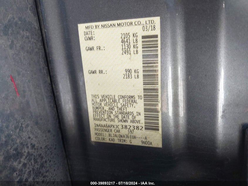 VIN 1N4AA6APXJC382382 2018 NISSAN MAXIMA 3.5 S