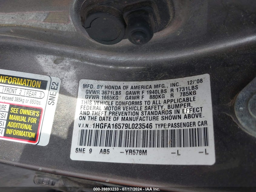 2009 Honda Civic Lx VIN: 1HGFA16579L023546 Lot: 39893233