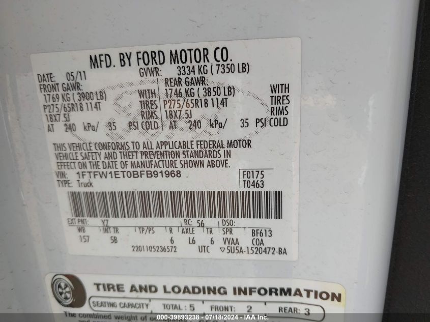 2011 Ford F-150 Fx4 VIN: 1FTFW1ET0BFB91968 Lot: 39893238