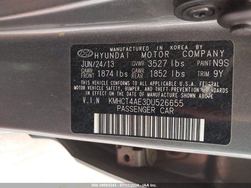 2013 Hyundai Accent Gls VIN: KMHCT4AE3DU526655 Lot: 39893243
