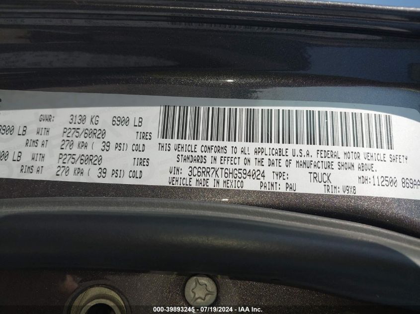 2017 Ram 1500 Express 4X4 5'7 Box VIN: 3C6RR7KT6HG594024 Lot: 39893245