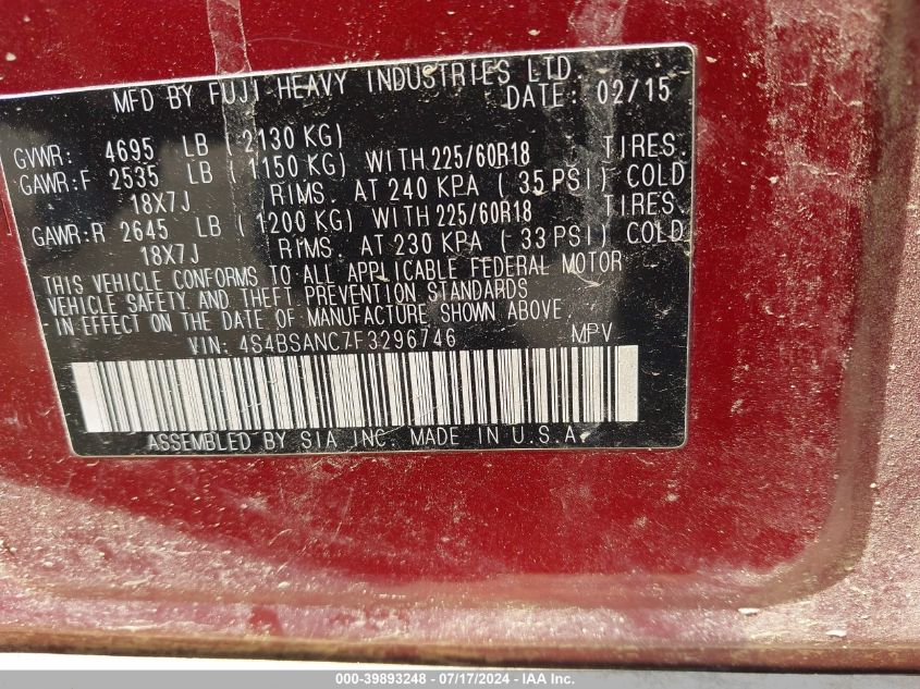 2015 Subaru Outback 2.5I Limited VIN: 4S4BSANC7F3296746 Lot: 39893248