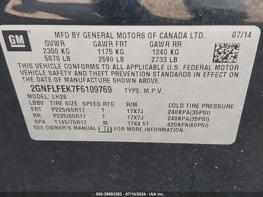 2015 Chevrolet Equinox 1Lt VIN: 2GNFLFEK7F6109769 Lot: 39893262