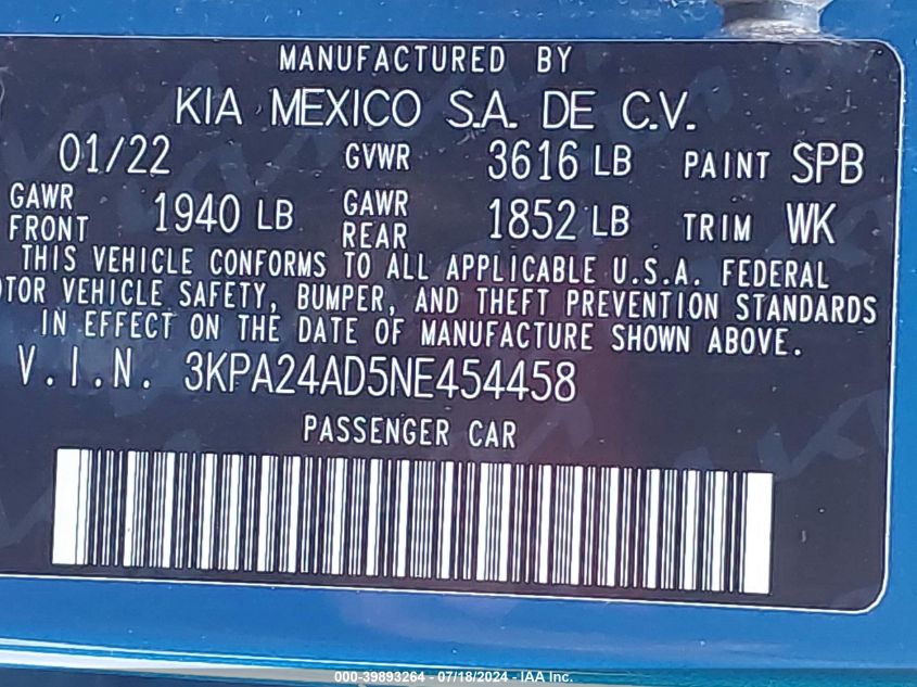 2022 Kia Rio Lx/S VIN: 3KPA24AD5NE454458 Lot: 39893264