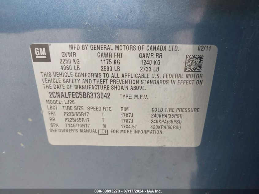 2CNALFEC5B6373042 2011 Chevrolet Equinox Ltz