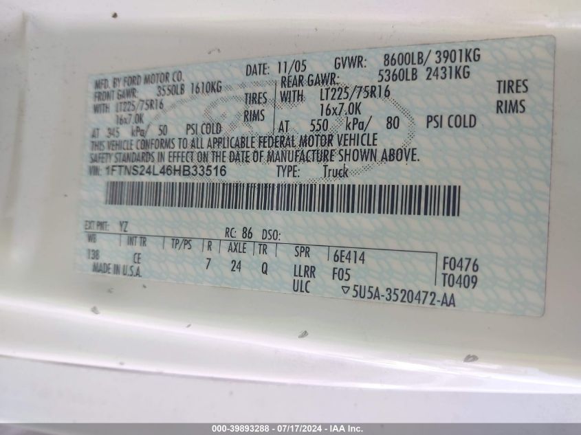 2006 Ford E-250 Commercial/Recreational VIN: 1FTNS24L46HB33516 Lot: 39893288