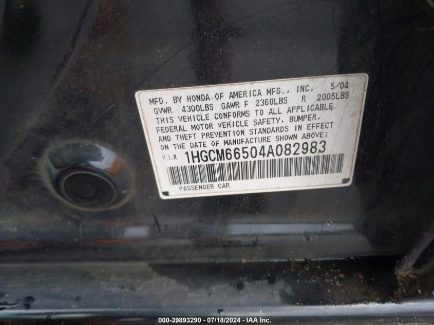 2004 Honda Accord 3.0 Ex VIN: 1HGCM66504A082983 Lot: 39893290