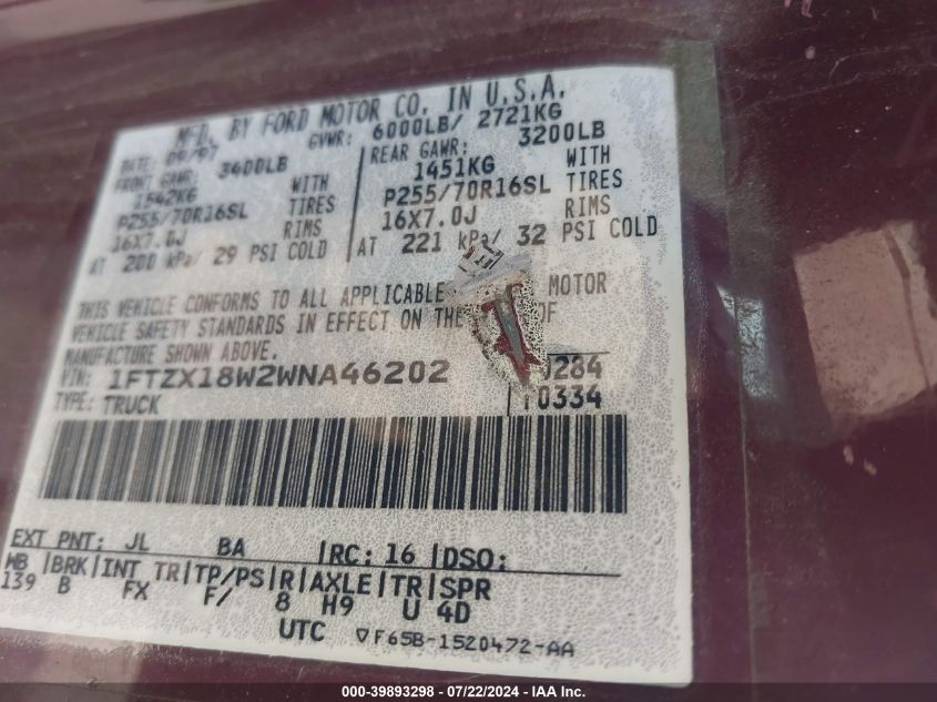 1998 Ford F-150 Lariat/Standard/Xl/Xlt VIN: 1FTZX18W2WNA46202 Lot: 39893298