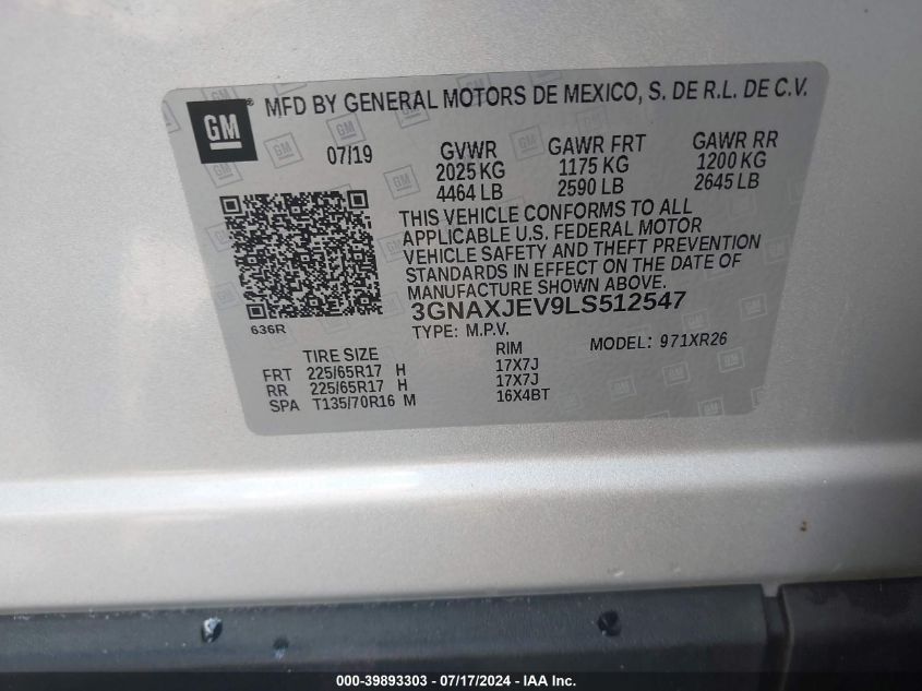 2020 Chevrolet Equinox Fwd 2Fl VIN: 3GNAXJEV9LS512547 Lot: 39893303