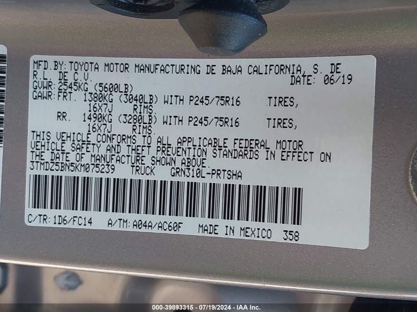 2019 Toyota Tacoma Sr5 V6 VIN: 3TMDZ5BN5KM075239 Lot: 39893315