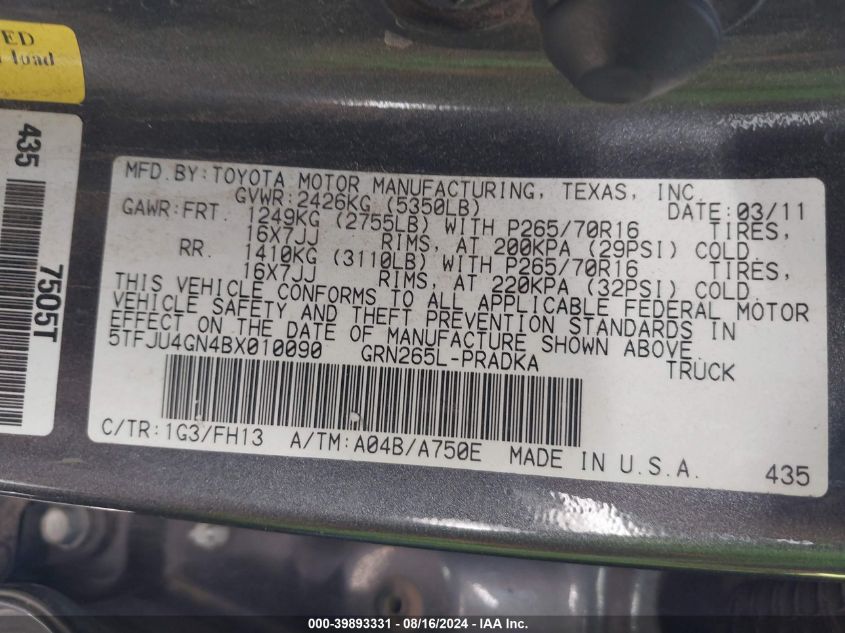 2011 Toyota Tacoma Prerunner V6 VIN: 5TFJU4GN4BX010090 Lot: 39893331