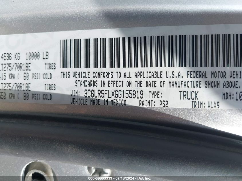 2016 Ram 2500 Laramie VIN: 3C6UR5FLXGG155819 Lot: 39893339