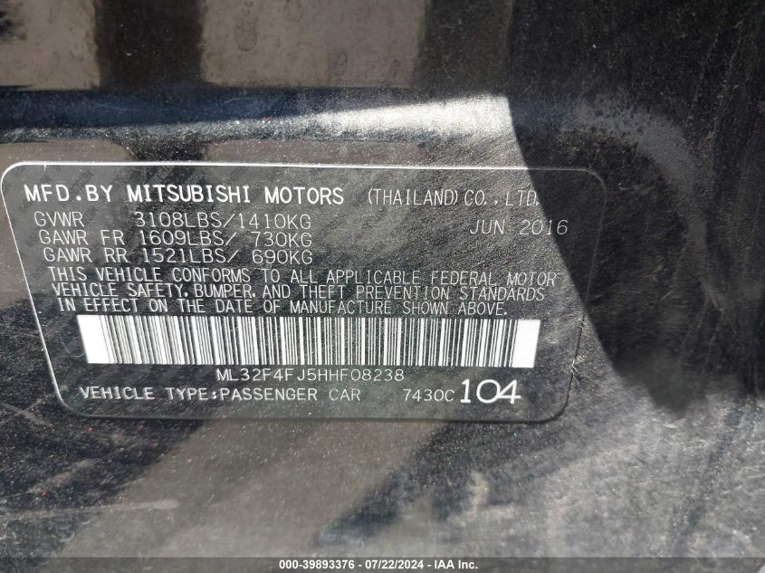 2017 Mitsubishi Mirage G4 Se VIN: ML32F4FJ5HHF08238 Lot: 39893376