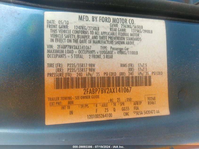 2010 Ford Crown Victoria Police Interceptor VIN: 2FABP7BV2AX141067 Lot: 39893386