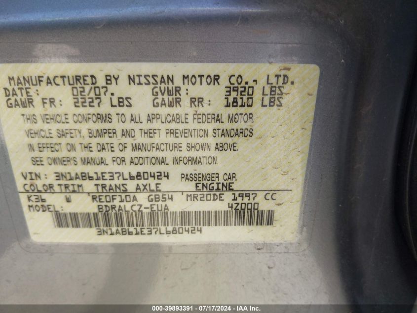 2007 Nissan Sentra 2.0 VIN: 3N1AB61E37L680424 Lot: 39893391