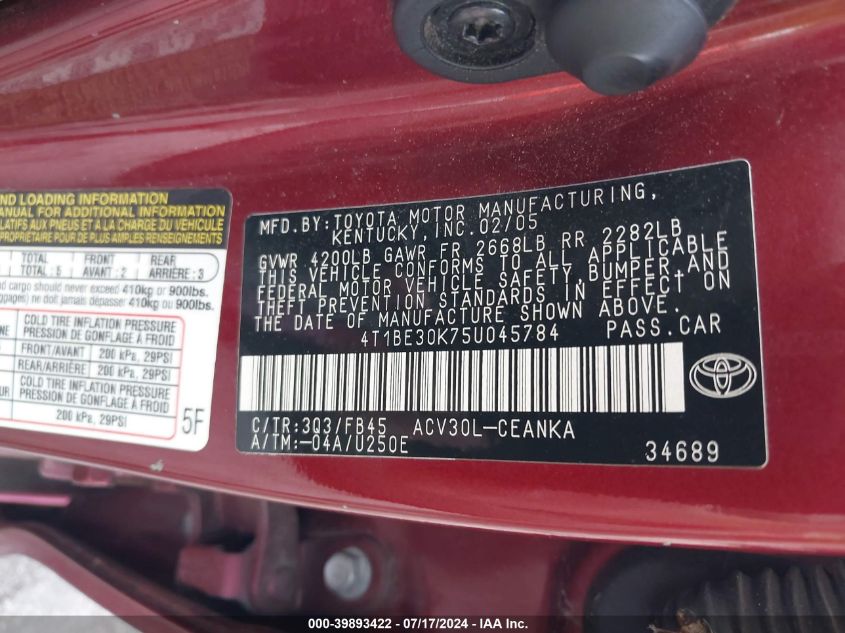 2005 Toyota Camry Le VIN: 4T1BE30K75U045784 Lot: 39893422