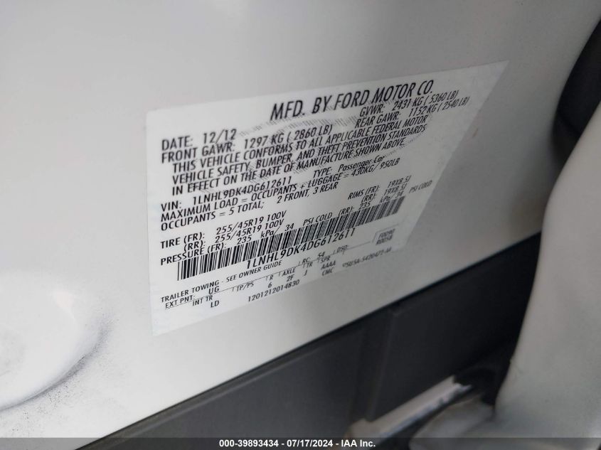 2013 Lincoln Mks VIN: 1LNHL9DK4DG612611 Lot: 39893434