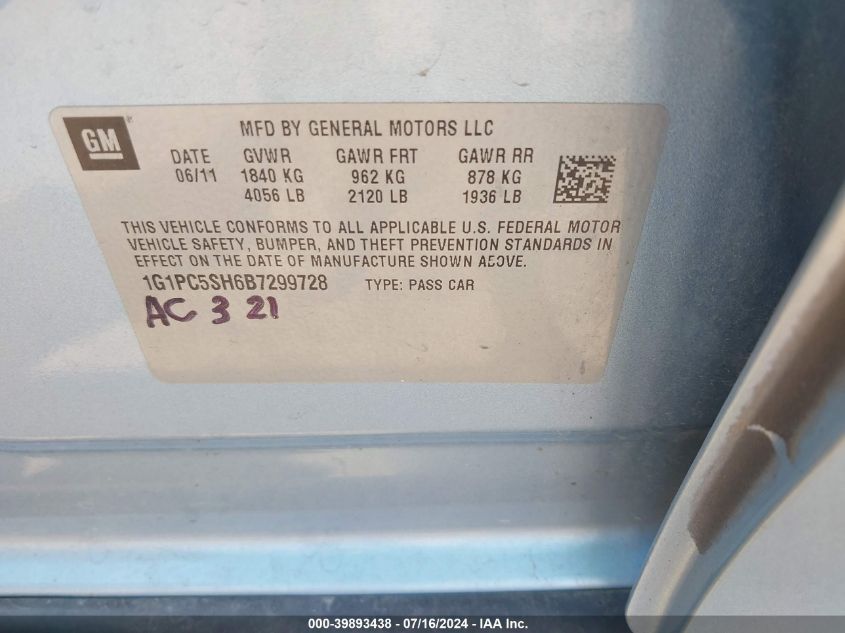 2011 Chevrolet Cruze Ls VIN: 1G1PC5SH6B7299728 Lot: 39893438