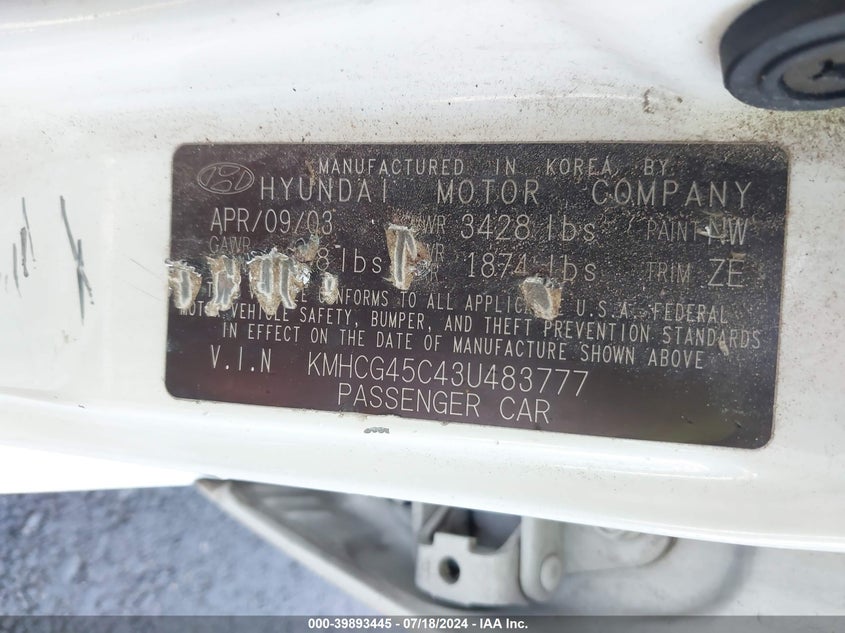 2003 Hyundai Accent Gl VIN: KMHCG45C43U483777 Lot: 39893445