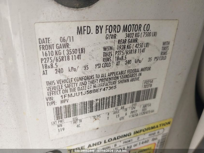 2011 Ford Expedition Xlt VIN: 1FMJU1J58BEF47365 Lot: 39893446