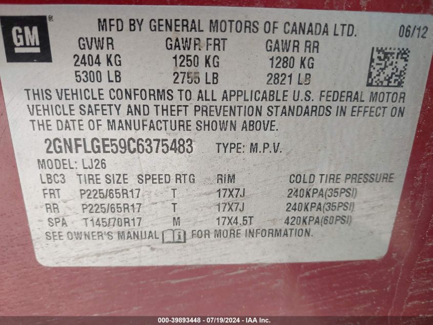 2012 Chevrolet Equinox Ltz VIN: 2GNFLGE59C6375483 Lot: 39893448