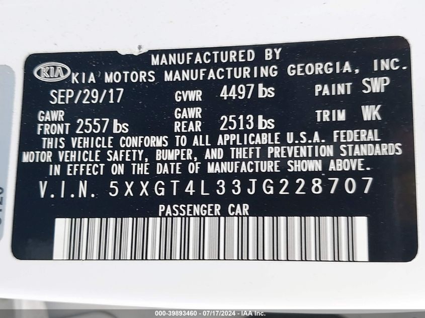 2018 Kia Optima Lx VIN: 5XXGT4L33JG228707 Lot: 39893460