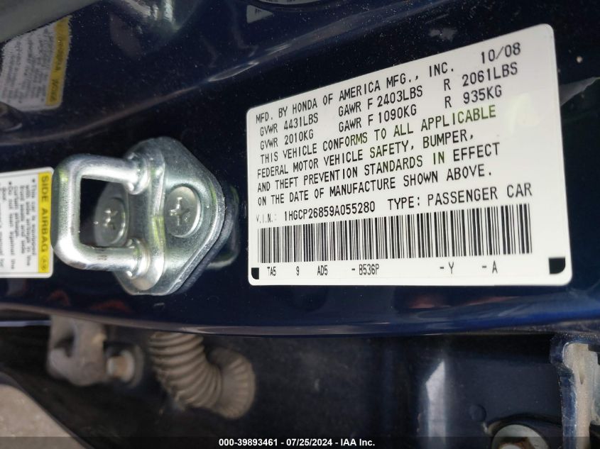 1HGCP26859A055280 2009 Honda Accord 2.4 Ex-L