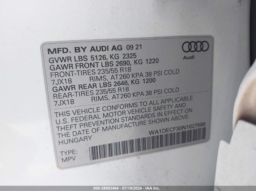 2022 Audi Q3 Premium 45 Tfsi S Line Quattro Tiptronic VIN: WA1DECF30N1027586 Lot: 39893464