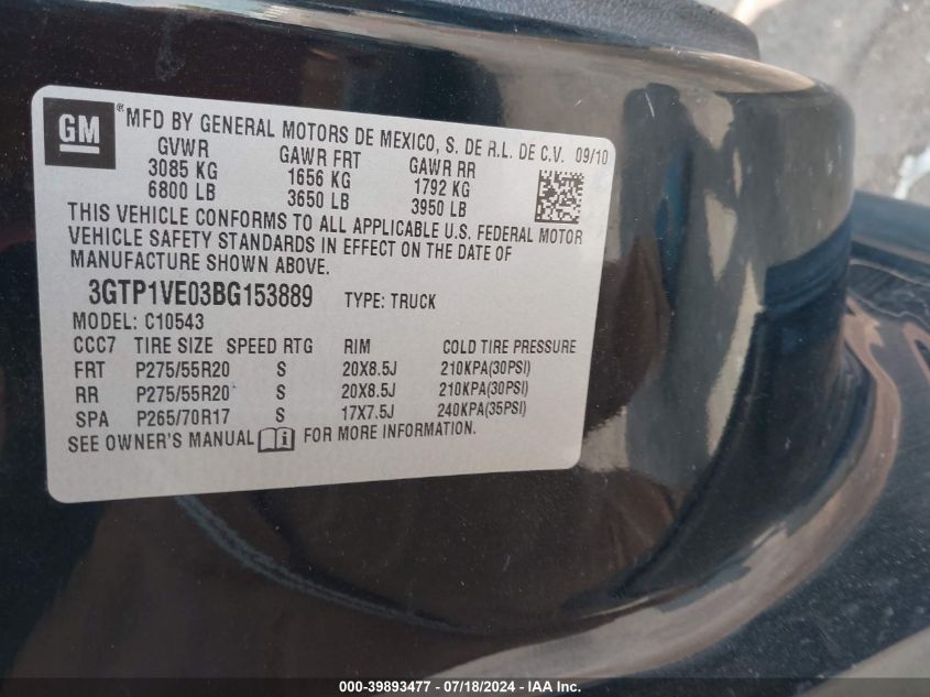 2011 GMC Sierra 1500 Sle VIN: 3GTP1VE03BG153889 Lot: 39893477