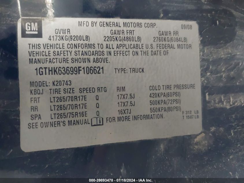 2009 GMC Sierra K2500 Slt VIN: 1GTHK63699F106621 Lot: 39893478