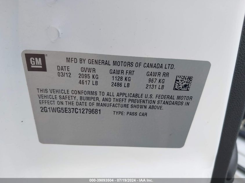 2012 Chevrolet Impala Lt VIN: 2G1WG5E37C1279681 Lot: 39893504