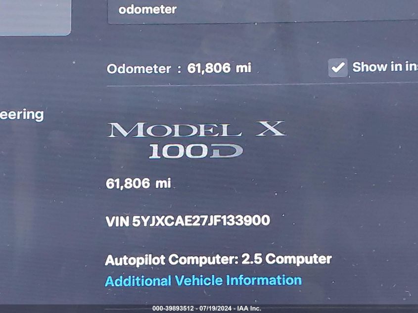 2018 Tesla Model X 100D/75D/P100D VIN: 5YJXCAE27JF133900 Lot: 39893512