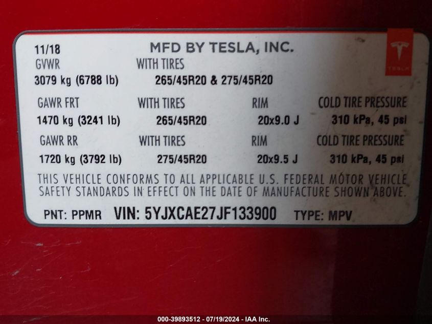 5YJXCAE27JF133900 2018 Tesla Model X 100D/75D/P100D