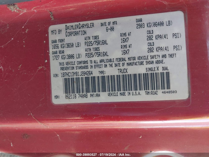 2001 Dodge Ram 1500 VIN: 1B7HC13Y81J284264 Lot: 39893527