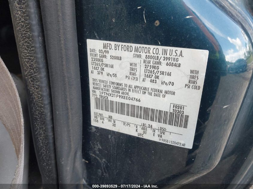 1999 Ford F250 Super Duty VIN: 1FTNX21F9XEE04766 Lot: 39893529