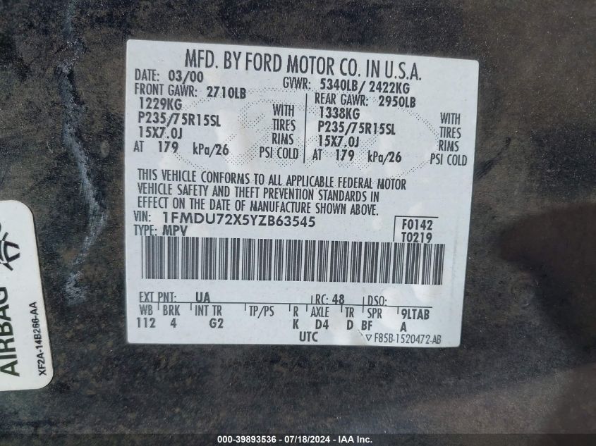 2000 Ford Explorer Xls VIN: 1FMDU72X5YZB63545 Lot: 39893536