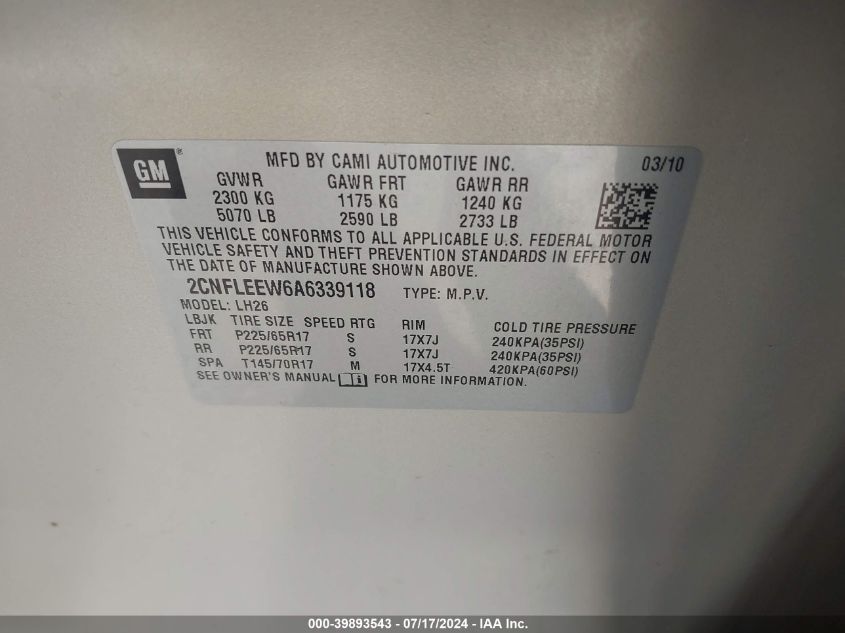 2010 Chevrolet Equinox Lt VIN: 2CNFLEEW6A6339118 Lot: 39893543