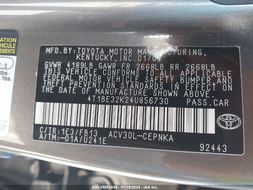 2004 Toyota Camry Le VIN: 4T1BE32K24U856730 Lot: 39893549