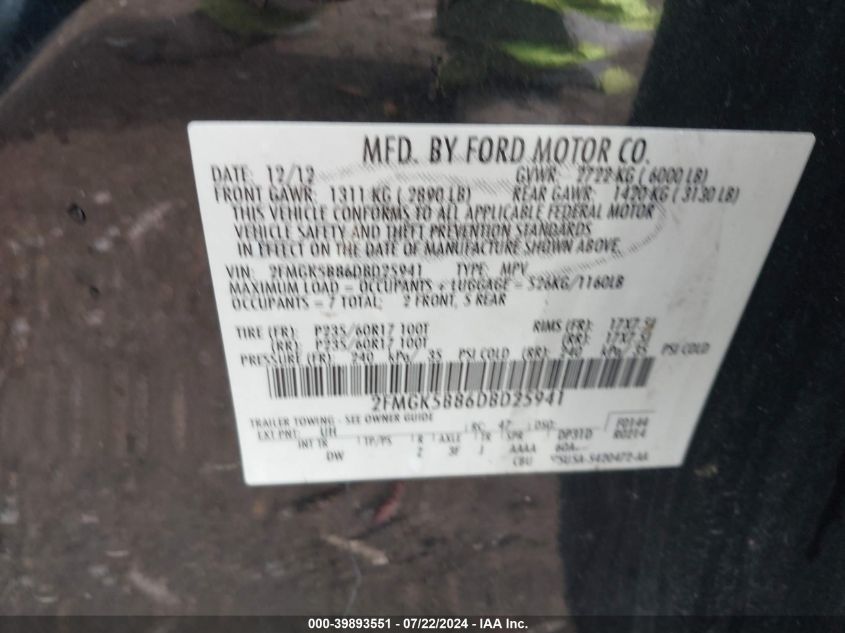 2013 Ford Flex Se VIN: 2FMGK5B86DBD25941 Lot: 39893551