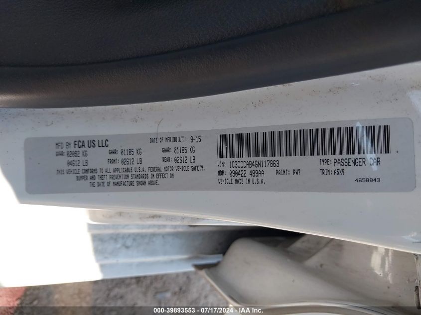 2016 Chrysler 200 Limited VIN: 1C3CCCAB4GN117863 Lot: 39893553