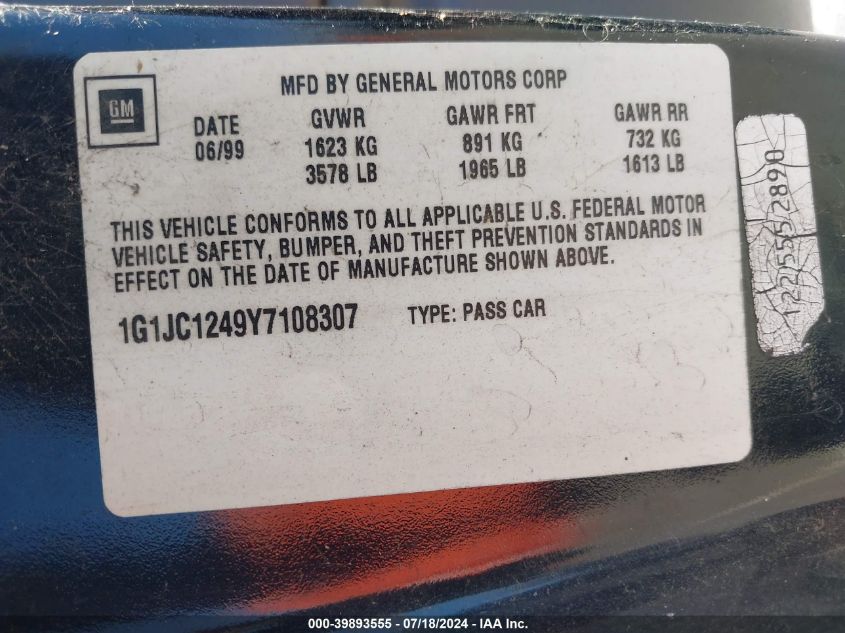 2000 Chevrolet Cavalier VIN: 1G1JC1249Y7108307 Lot: 39893555